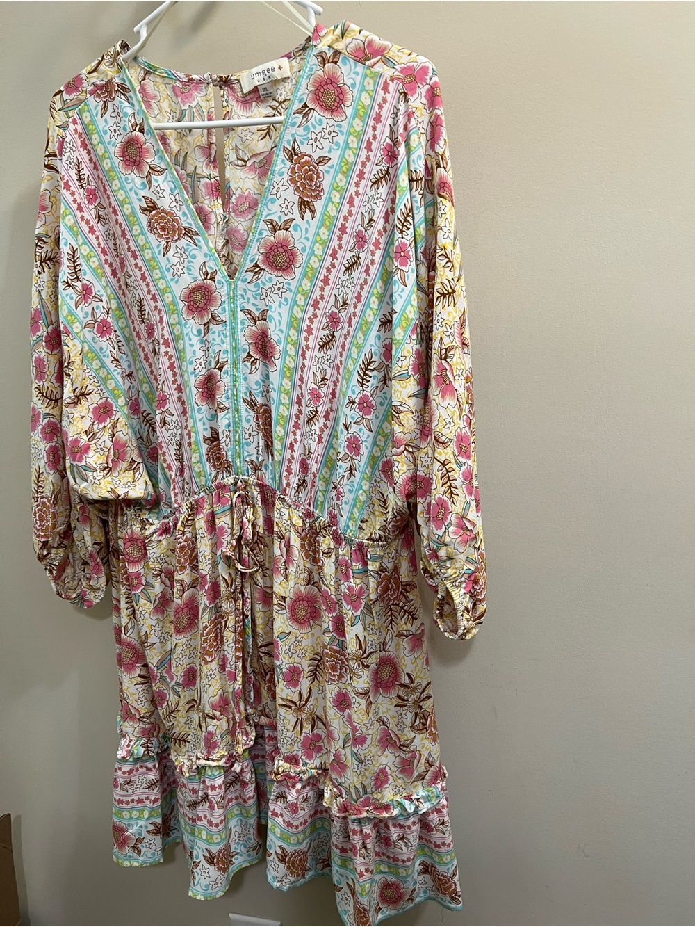Umgee Floral Boho V-Neck Tiered Drawstring Dress - Pink, Aqua, Cream Size 1XL